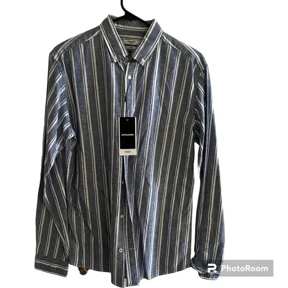 JACK & JONES SLIM FIT cotton linen  men shirt , striped vertically BLUE WHITE - Picture 1 of 10